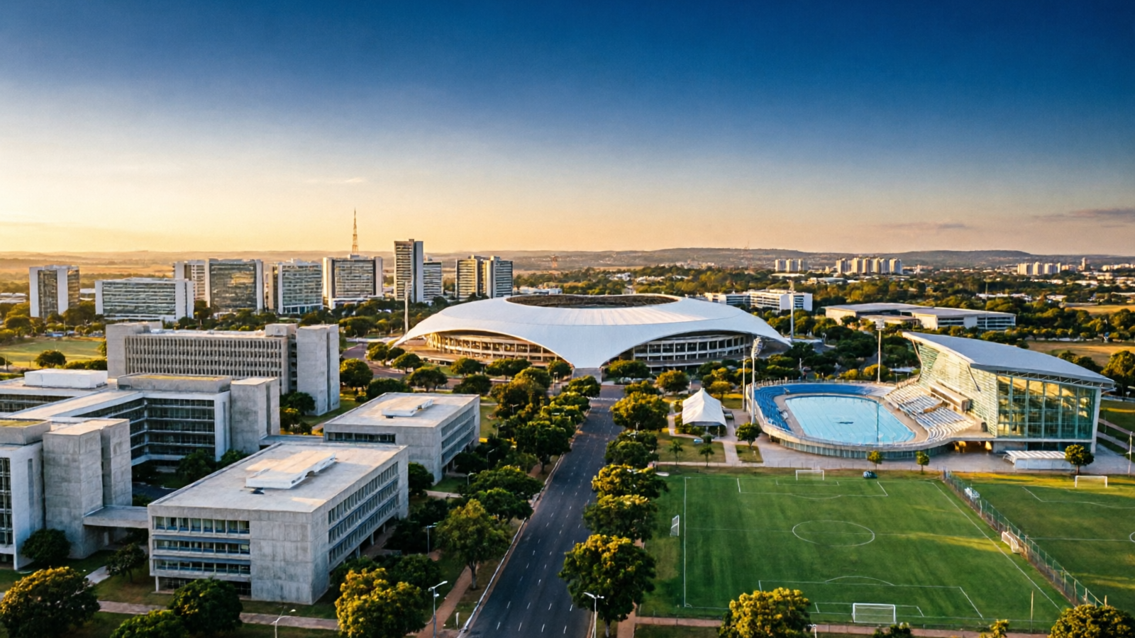 Perspectiva aérea da Cidade do Esporte em Brasília