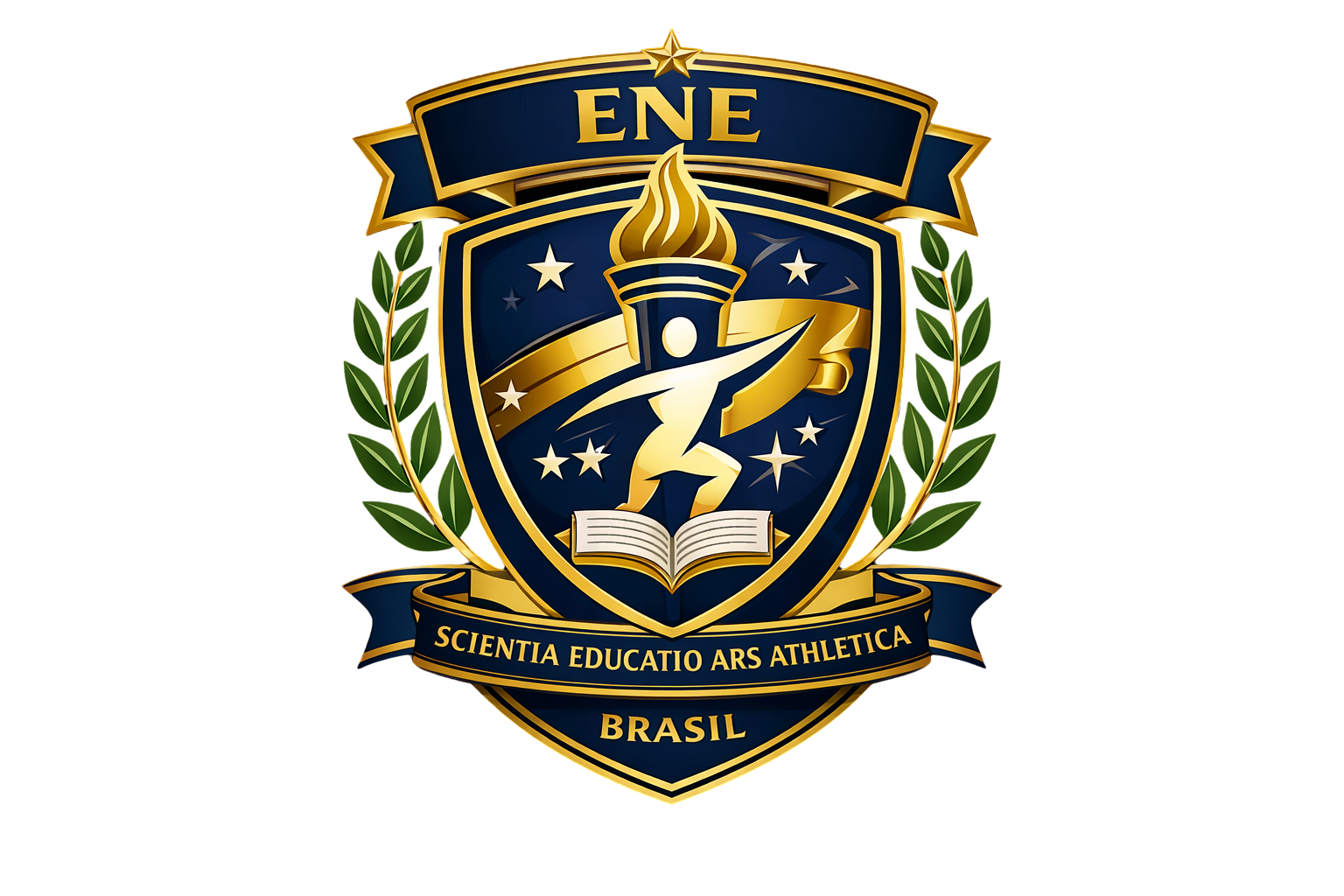 Brasão ENE com escudo, atleta, livro e tocha