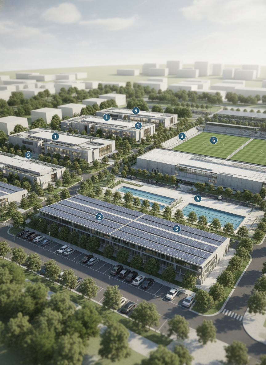 Visualização conceitual de edifícios, estacionamento, piscinas e áreas esportivas