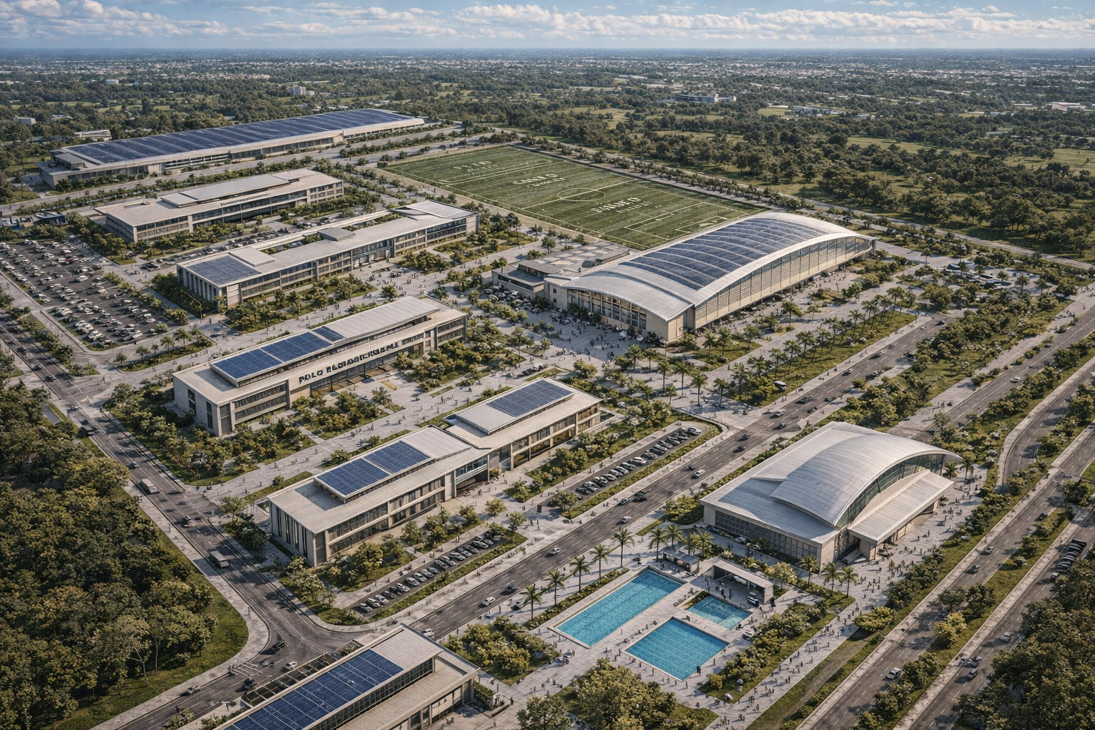 Perspectiva conceitual do complexo da Escola Nacional do Esporte, com áreas de educação, ciência e esporte