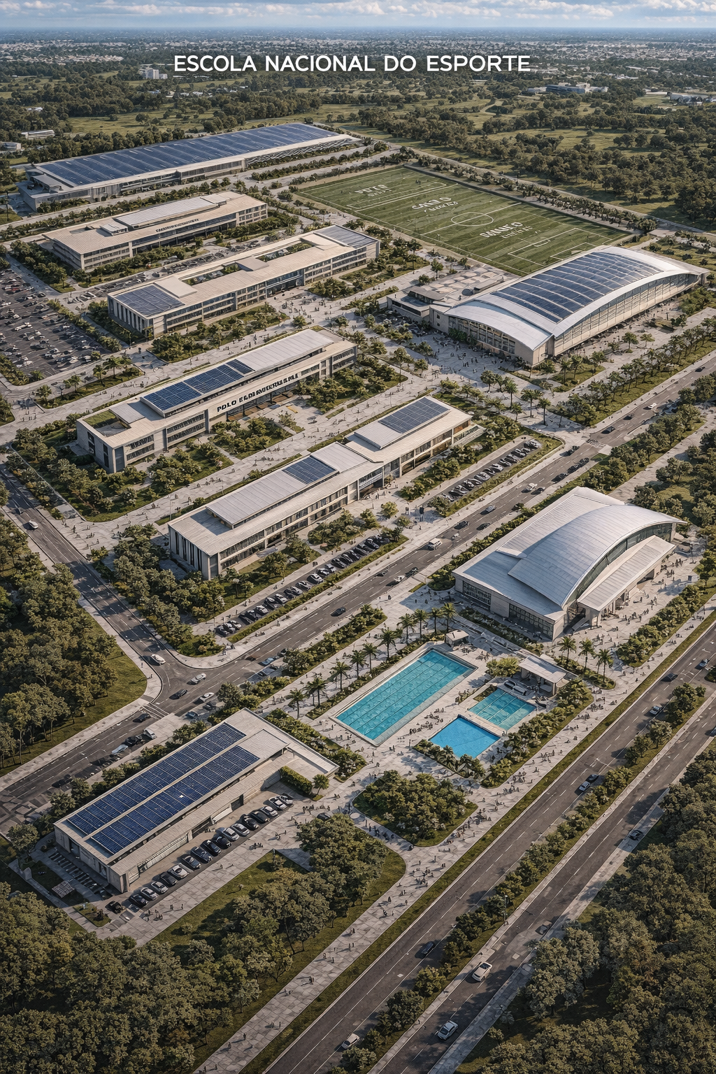 Vista aérea ilustrativa do projeto Escola Nacional do Esporte